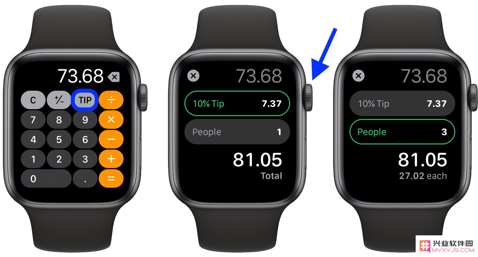如何在 Apple Watch 上使用拆分的帐单和小费计算器功能？