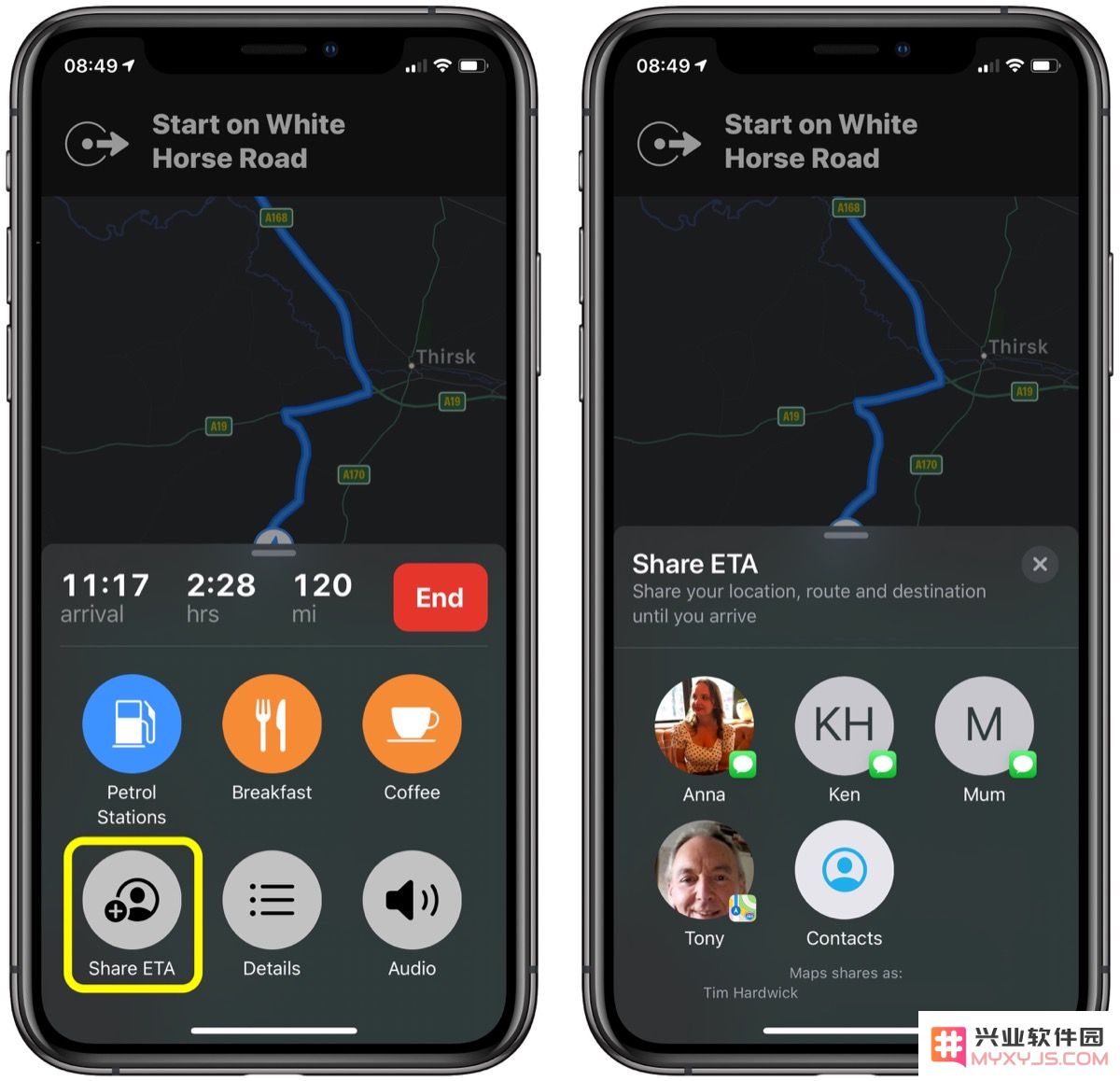 如何在 iPhone 的「地图」应用中分享预计到达时间？